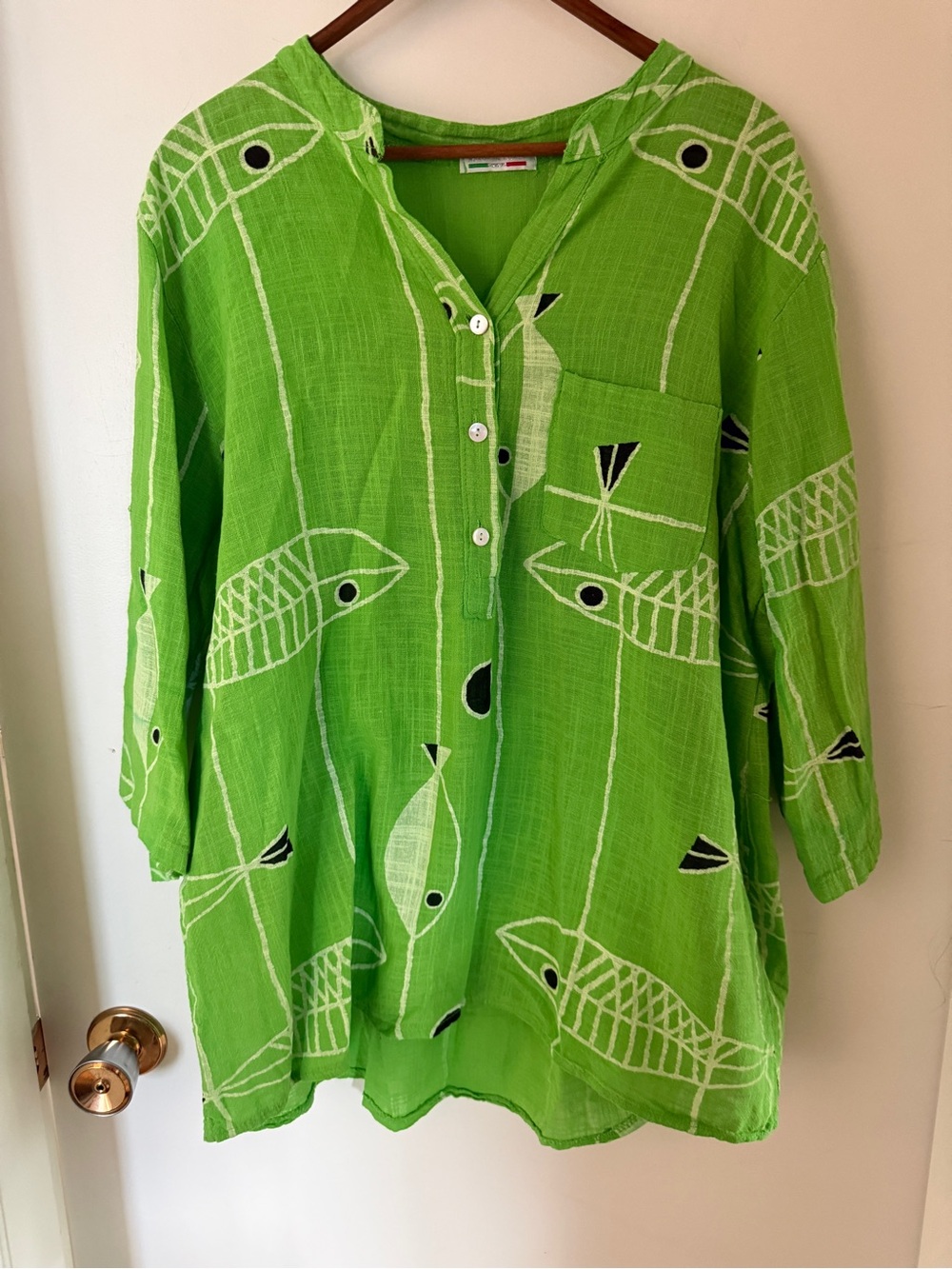 Made in Italy Green Fish Print Cotton Tunic Dress Oversized Coastal Boho